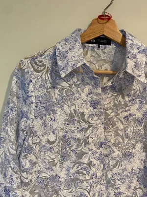 ZARA Blue White Floral Devoré Sheer Long Sleeve Button Up Shirt Size S thumbnail 4