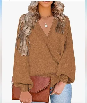 Amazon Women's Knit Long Sleeve Faux Wrap Surplice V Neck Sweater Top thumbnail 1
