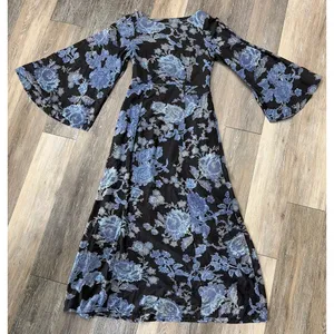 Free People Melrose Floral Maxi Dress Womens 4 Blue Bell Sleeve Boho thumbnail 1