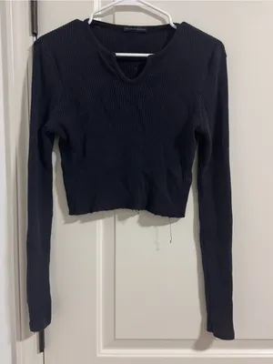 Brandy Melville navy Ribbed Notch-Neck Long Sleeve Crop Top thumbnail 1