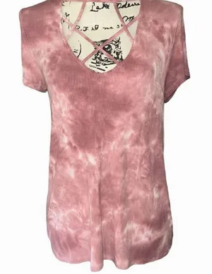 American Eagle Soft & Sexy Rib Tie Dye Lattice V-Neck Top Mauve Pink Medium thumbnail 1