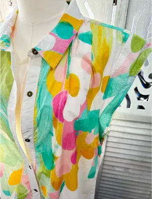Maeve Sleeveless White Button-Front Dress with Multicolor Watercolor Print size Large thumbnail 4