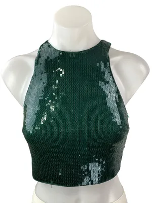 H&M Women's Green Sequin Sleeveless Halter Neck Crop Cami Camisole Tank Top XS thumbnail 1