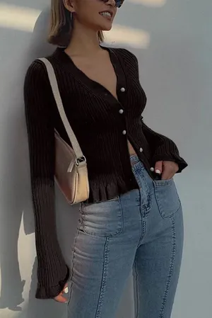 Commense NWT Ruffle Trim Dark Green‎ Ribbed Cardigan Size Small thumbnail 1