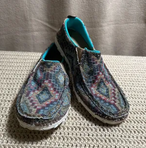 Twisted X Zero-X Women 7.5 M Southwestern Geometric Slip On Loafers Teal Tan thumbnail 1