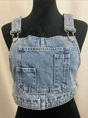 Zara Light Blue Denim Crop Overall Top Womens Size Medium thumbnail 1