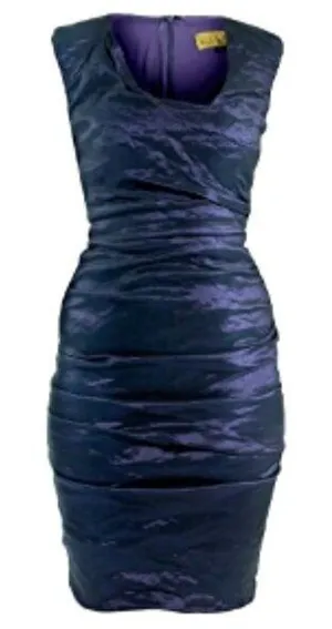 Nicole Miller Women's Sz 2 Cowl Neck Technometal Tuck Dress Black Purple Bodycon thumbnail 1