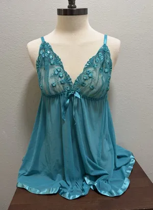 Vintage Y2K Sheer Babydoll Slip Lingerie Turquoise Sz L thumbnail 1