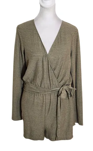 Billabong Womens Olive Green Stripe Long Sleeve Romper Shorts Size Medium Flaw thumbnail 1