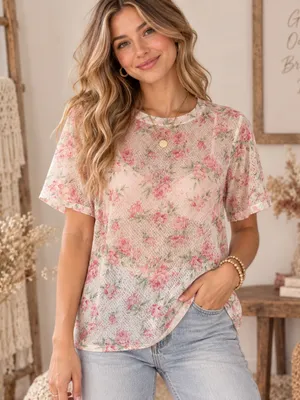 BiBi Pink Floral Short Sleeve Crewneck Top thumbnail 1
