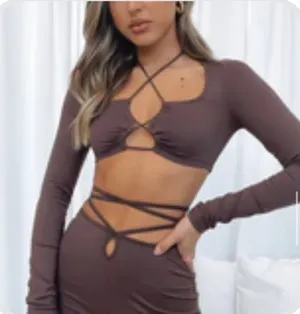 White Fox Long Sleeve Crop Top Brown thumbnail 2