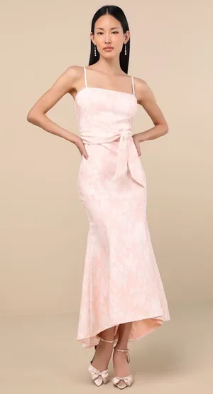 NWT Lulus Gwenth Blush Floral Jacquard High-Low Midi Dress Holiday Party Size L thumbnail 1