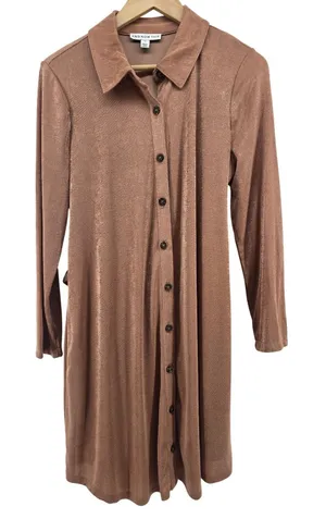 And Now This Shirt Dress Womens XL Metallic Rose Gold Button Up Tie Back EUC thumbnail 1