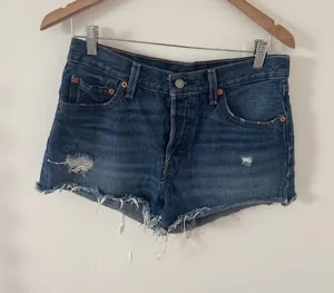 Levi's 501 Denim Shorts Distressed Cutoff Blue‎ Button Fly Women's W28 thumbnail 1