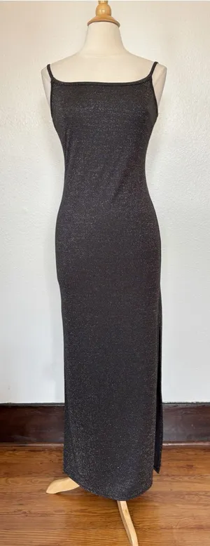 Vintage 90s Black + Silver Glitter Full Length Sleeveless Prom Dress thumbnail 1