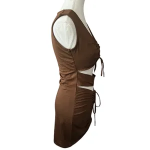 White Fox Brown Cutout Mini Dress Ruched Bodycon Sleeveless Party‎ Cocktail Sz M thumbnail 3
