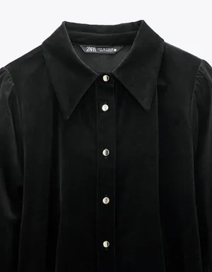 Black Button Down Velvet Mini Dress thumbnail 4