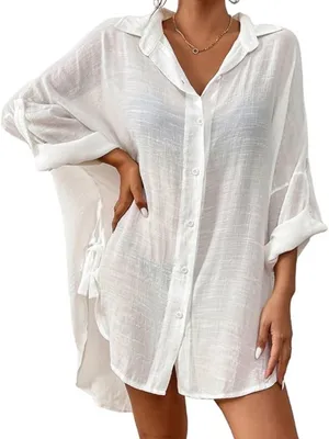 Bsubseach White Long Sleeve Button Down Beach Cover Up Size M thumbnail 2