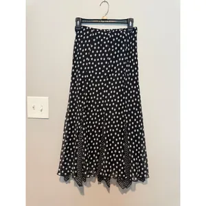 Damart Polka Dot Handkerchief Hem Midi Skirt Black White Chiffon Lined UK 12 thumbnail 2