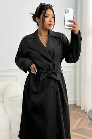 SheIn NWT EZwear Plus Lapel Neck Double Breasted Belted Trench Coat. Size XL thumbnail 1