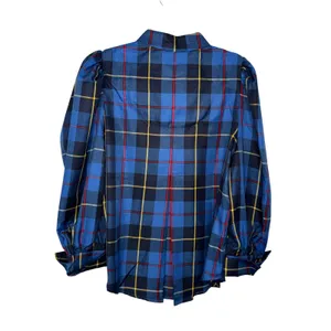 Gretchen Scott Plaid Puff Sleeve Blouse Women Medium Blue Excellent Tartan Top thumbnail 6