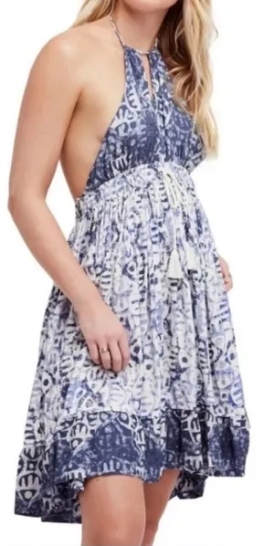 Free People Blue Open Back Halter Mini Dress XS Boho Festival Beachy thumbnail 1