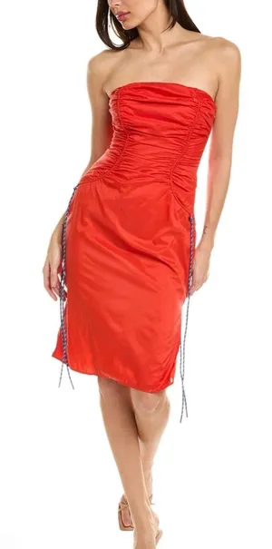 Staud Romina Dress Strapless Ruched Tomato Red Midi Dress Women’s Size 12 thumbnail 1
