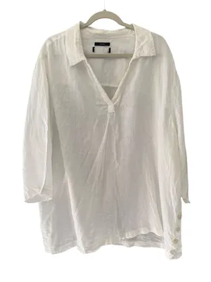 100% Linen White V-Neck Tunic Top Oversized 3/4 Sleeve Side Button‎ Detail thumbnail 1