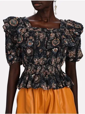 Ulla Johnson Warner Square Neck Ruffle Peplum Cotton Blouse Navy thumbnail 1