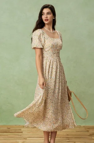 Rihoas Yellow Floral Puffed Sleeve Midi Dress thumbnail 5