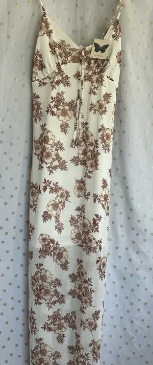 No Comment Chic White Maxi Dress with Brown Floral Design thumbnail 1
