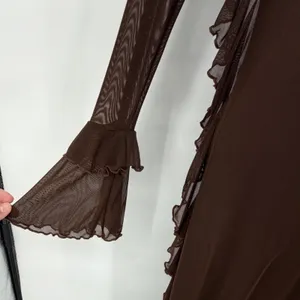 Chocolate Brown Mesh Ruffle Maxi Dress Bell Sleeve Fairy Grunge Y2K thumbnail 4