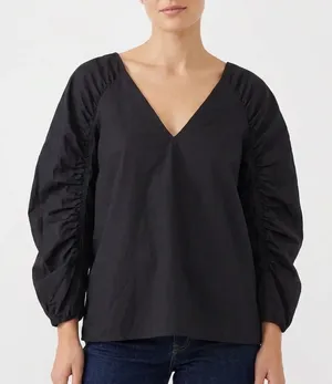 LOFT Blouse Women's L Black Puff Ruched Sleeve Tie Back New thumbnail 1