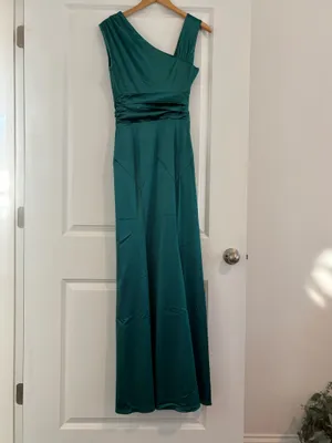 One shoulder, emerald green satin maxi dress thumbnail 5