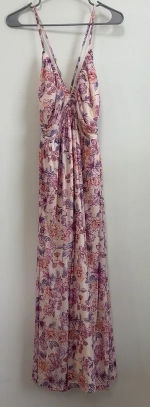 Mystree Cream Floral Mesh Maxi Dress Criss Cross Back Polyester Blend Sz L NWT thumbnail 1