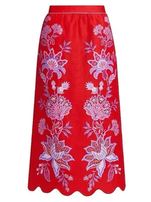 NWOT Farm Rio Red Porcelain Garden Scalloped Linen Midi Skirt Size XS thumbnail 2