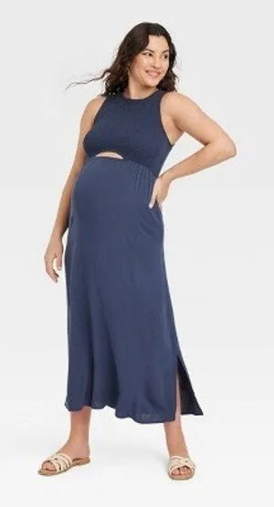 Isabel by Ingrid &‎ Isabel Navy Blue Smocked Cutout Maternity Midi Dress XL thumbnail 1