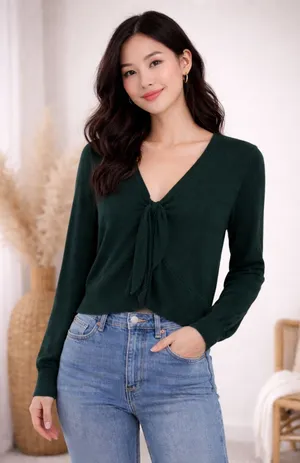 Abercrombie & Fitch Tie Front Sweater‎ Top Long Sleeve Green Soft A&F Cozy Small thumbnail 1