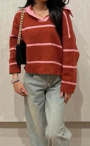 pink & red knitted striped collared sweater thumbnail 1