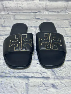 TORY BURCH Double T Sport Leather Slide Sandal Perfect Black Size 9.5 (40) thumbnail 3