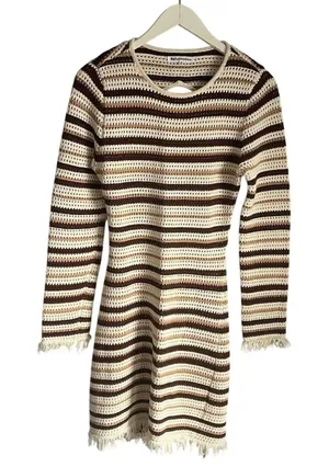 Reformation Pesca Crochet Dress Striped Brown Cream Cutout Fringe size M Boho thumbnail 1