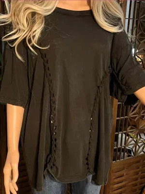 We The Free People Moonlit Mini Braided Cutout Oversized Tee T-Shirt Black Small thumbnail 2