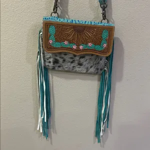 Myra Bag Turquoise and Brown Fringe Crossbody thumbnail 6