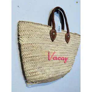 POOLSIDE Woven Straw Open Tote Pink “VACAY” Text Leather Handle Tote Purse thumbnail 5