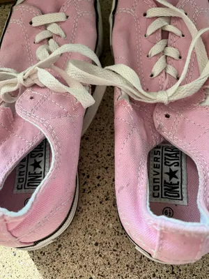 Converse women's pink size 6.5 in good condition In front of shoe picture of kids were painted thumbnail 6