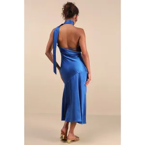Lulus Reglan Blue Satin One-Shoulder Sash Midi Dress Bridesmaid Wedding Small thumbnail 3