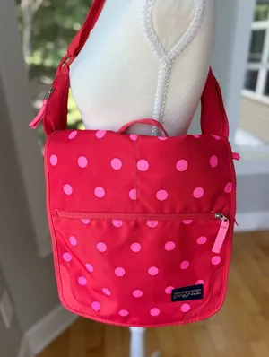 Jansport Red Oversized Messenger Bag with Pink Polka Dots thumbnail 1