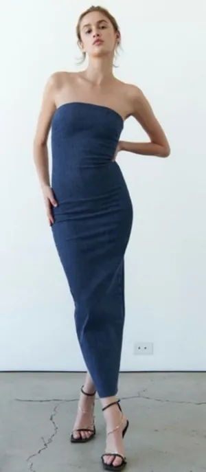 ZARA Dark Denim Strapless Raw Hem Back Slit Bodycon Tube Midi Dress‎ Size XS thumbnail 1