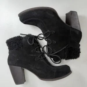 UGG 10 Analise Ankle Boots Black Suede Shearling Lace Up Stacked Heel Booties thumbnail 3