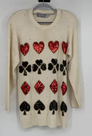 Vintage Marisa Christina Sweater Ivory Sequin Playing Card Suits Novelty thumbnail 1
